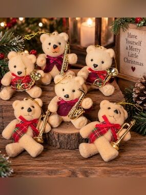Vintage Felt Teddy Bear Band Christmas Ornaments Set of 7 Mini Musical Bears